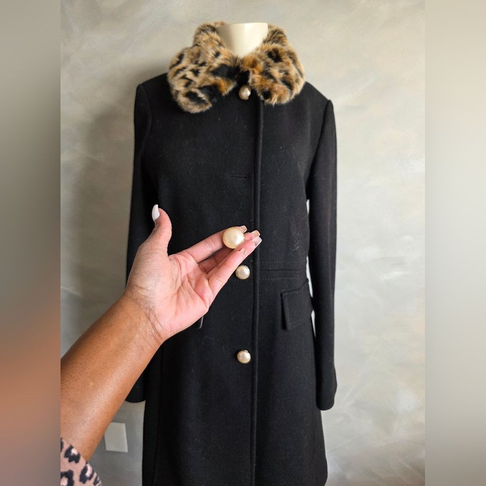 Kate Spade New York Leopard Collar Wool Trench Coat, Black, Women's S - Picture 3 of 16